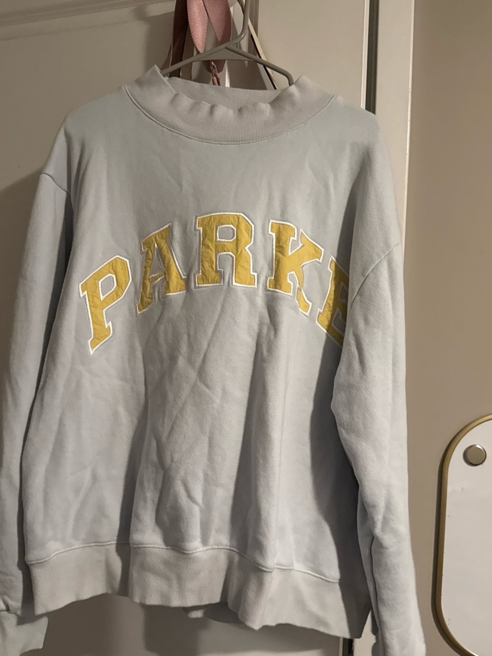 Parke Women's Crewneck Sweatshirt in Light Gray with Yellow Logo - Picture 2 of 5
